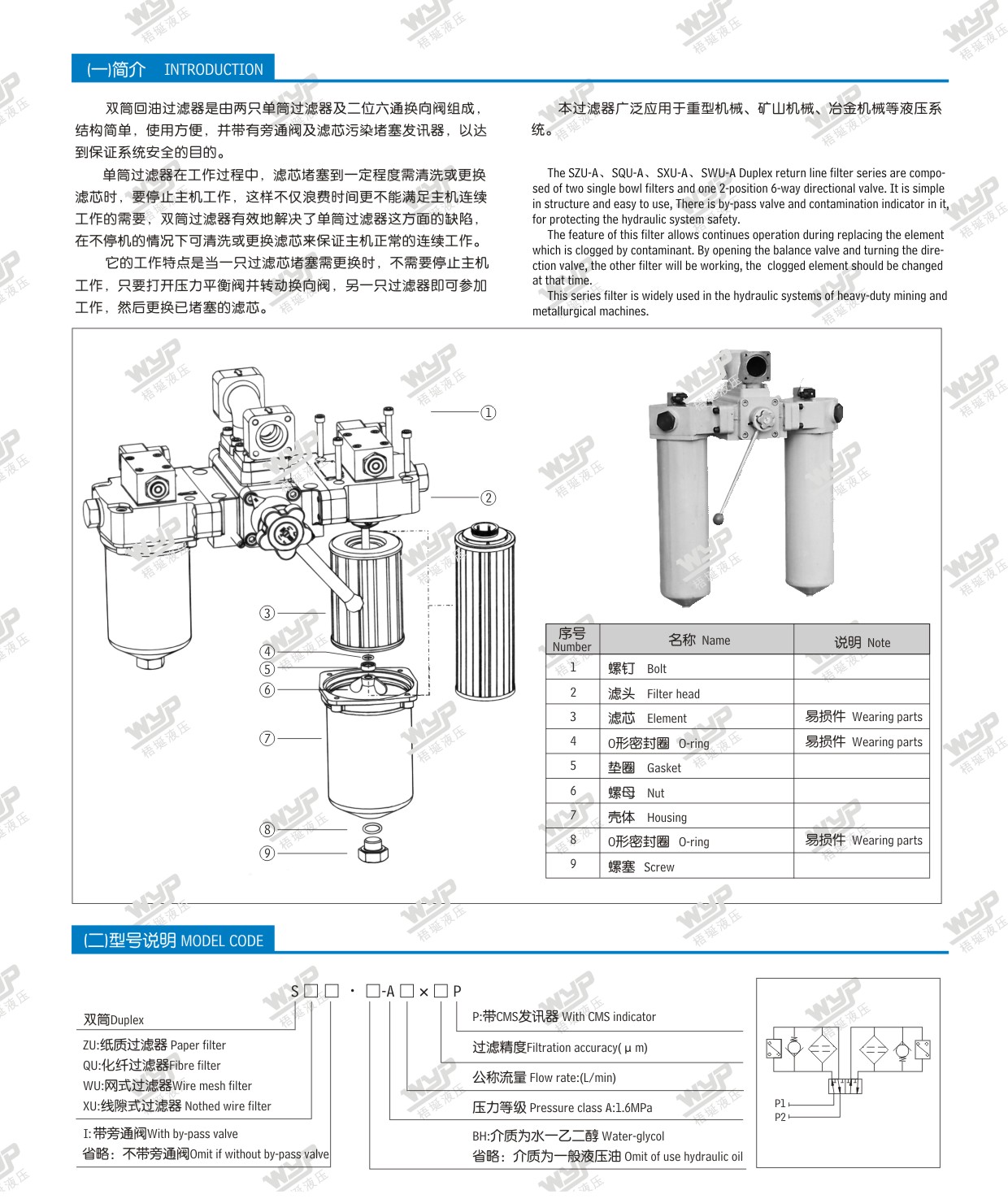 简介: 双筒回油过滤器是由两只单筒过滤器及二位六通换向阀组成,结构